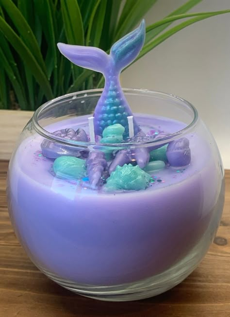 Unique Candle Making Ideas, Fish Bowl Candle, Mermaid Candle, Mermaid Candles, Ocean Candle, Candle Making For Beginners, Glass Fish Bowl, Velas Candles, Mermaid Parade