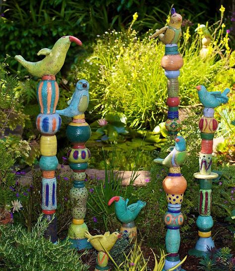 Barb Vanderbeck - totems  http://barbaravanderbeck.com Peace Pole, Garden Totem, Art Pole, Garden Totems, Garden Poles, Pole Art, Garden Whimsy, Garden Pottery, Totem Pole