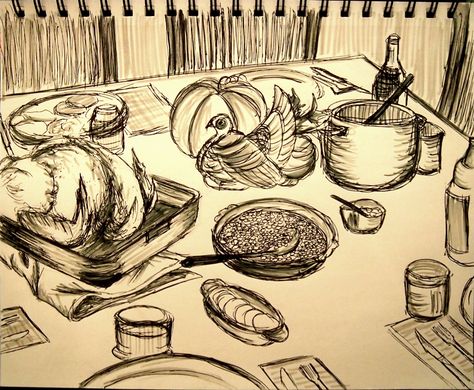 Day 12: Drawing of my family's Thanksgiving dinner. Medium: Ink pen and warm grey PITT artist pen Thanksgiving Dinner Drawing, Dinner Drawing, Pitt Artist Pens, Family Thanksgiving, Graphite Drawings, Ink Pen, Warm Grey, Thanksgiving Dinner, A Drawing