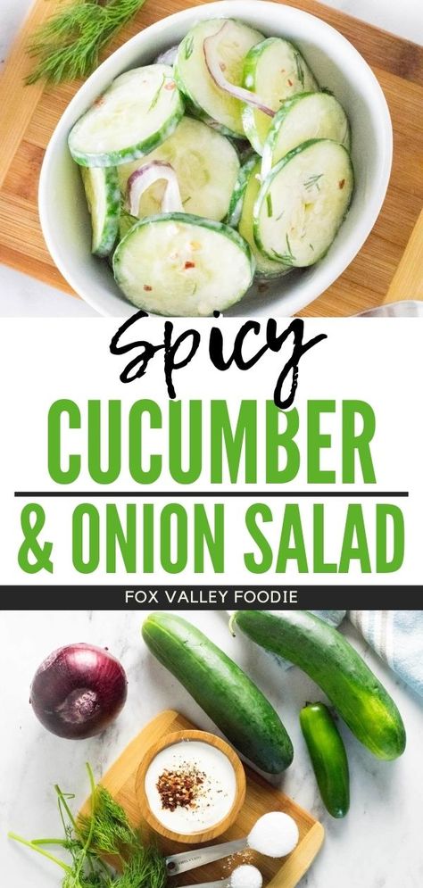 This spicy cucumber & onion salad packs a little bit of a kick! The simple dressing is prepared by quartering a jalapeno and adding it to a small bowl along with the remaining ingredients: sour cream, vinegar, dill, sugar, black pepper, salt, and crushed red peppers. After the dressing has had time to rest in the refrigerator, mix in the thinly sliced cucumbers and onions for a spicy salad that has just the right amount of heat! Cucumber Onion Salad, Spicy Cucumber Salad, Spicy Cucumber, Lettuce Recipes, Cucumber Onion, Vinegar Cucumbers, Delicious Salad Dressings, Spicy Salad, Side Salad Recipes