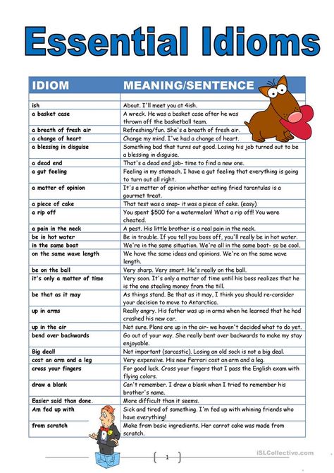 Essential Idioms worksheet - Free ESL printable worksheets made by teachers Teaching Idioms, Advanced English Grammar, Esl Teaching Resources, Esl Vocabulary, Idioms And Phrases, English Grammar Worksheets, Advanced English, Learning Worksheets, English Language Teaching