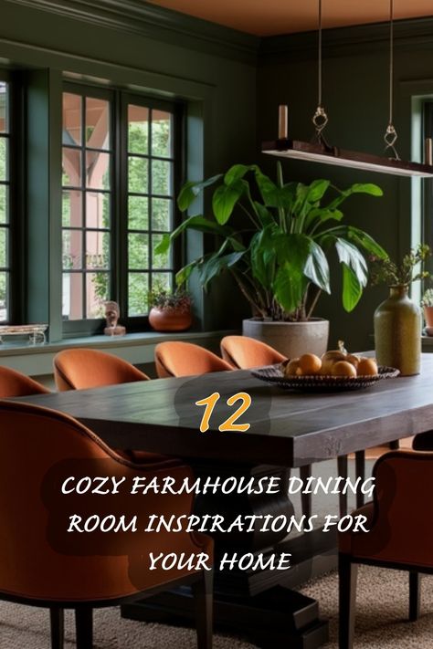 I love how this dining room embodies comfort and style! The rich green walls paired with warm orange chairs create a welcoming atmosphere, perfect for family gatherings. The large table and beautiful greenery add a touch of nature, making this space feel inviting and cozy. If you're looking for ways to elevate your dining area, this inspiration is a must-see! Green Dining Rooms, Green Dining Room Decor, Modern Victorian Bedroom Ideas, Cottagecore Dining Room, Modern Victorian Bedroom, Orange Chairs, Farmhouse Dining Room Ideas, Eclectic Dining Room, Green Dining Room