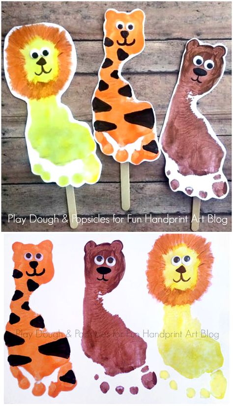 How to make Lion, Tiger, & Bear Wizard of of Puppets using Footprints! Bear Footprint, Zoo Crafts, Zoo Animal Crafts, Footprint Craft, Baby Art Projects, Footprint Crafts, Puppet Crafts, The Crafts, Footprint Art