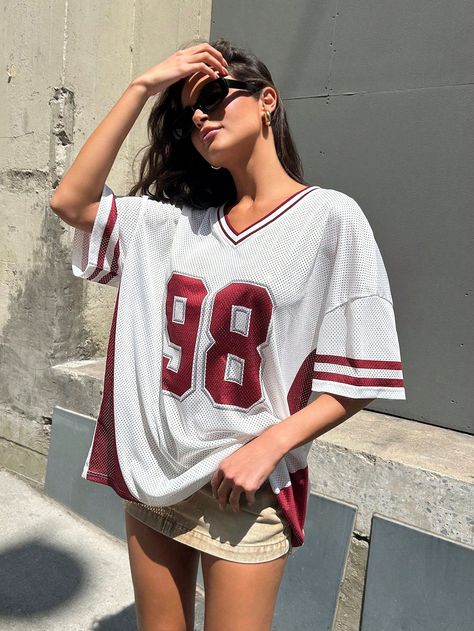 Multicolor Casual Collar Short Sleeve Knitted Fabric Letter  Embellished Non-Stretch  Women Clothing Football Jersey Outfit, Nike Tennis Dress, Jersey Outfit, Football Outfits, Gameday Outfit, Tennis Dress, Women T Shirts, Inspiration Mode, Football Jersey