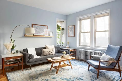 Small Blue Living Room, Light Blue Paint Living Room, Light Blue Walls Living Room Decor, Dusty Blue Living Room, Sunnyside Queens, Light Blue Living Room, Teal Couch, Blue Walls Living Room, Earthy Textures