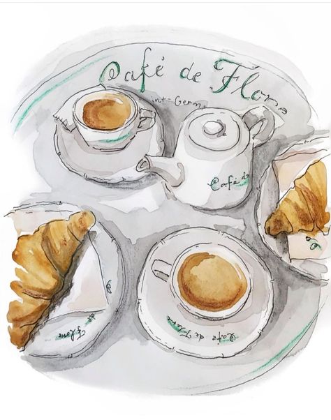 Sandwich Drawing, Coffee Outside, Les Deux Magots, Coffee In Paris, Coffee Watercolor, Food Cafe, Scene Drawing, Food Illustration Art, Parisian Cafe