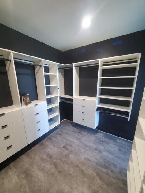 Gray Closet, Primary Closet, Glam Closet, Black Painted Walls, Painted Closet, Ada Bathroom, Black Closet, Black Paint Color, Black Accent Walls