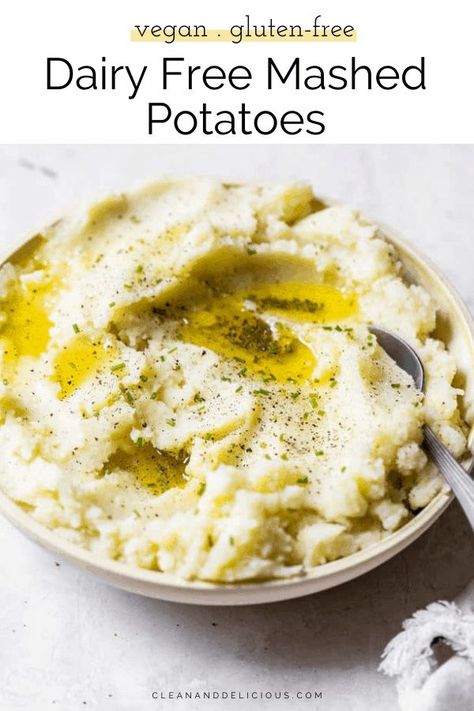 These creamy, dairy free mashed potatoes are light and fluffy potatoes made with olive oil and a generous amount of roasted garlic. This mashed potato recipe makes for a flavorful, easy side dish that pairs well with beef, chicken or ham, and definitely deserves a spot on your holiday table. #dairyfree #mashedpotatoes #healthy #easy #sidedish Roasted Garlic Olive Oil, Fluffy Potatoes, Olive Oil Mashed Potatoes, Dairy Free Mashed Potatoes, Mashed Potato Recipe, Healthy Kid Friendly Meals, Healthy Christmas Recipes, Healthy Thanksgiving Recipes, Clean And Delicious