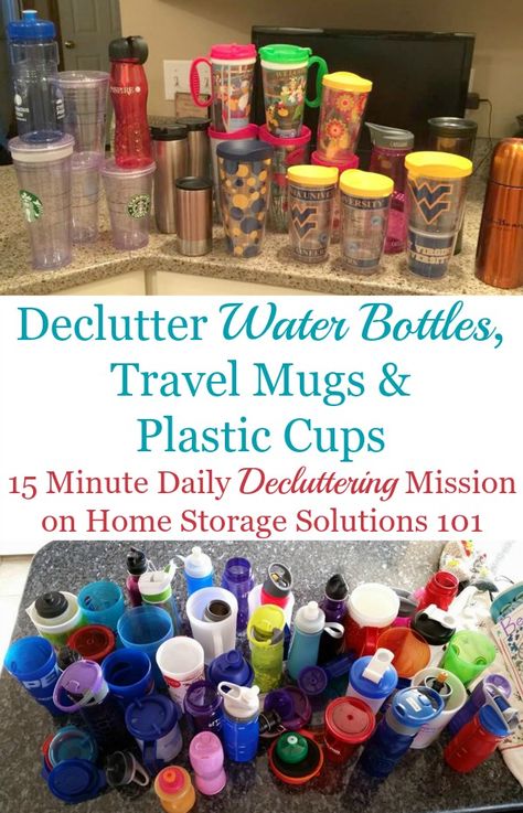 How to #declutter water bottles, travel mugs and plastic cups from your kitchen cabinets or home {a 15 minute #Declutter365 mission on Home Storage Solutions 101} #decluttering Travel Mug Storage Ideas, Organize Water Bottles, Declutter 365, Clutter Bug, Organizing Things, Diy Organizing, Water Bottle Storage, Clutter Control, Kitchen Clutter