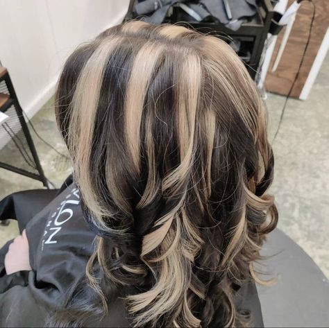 Chunky Highlights By Hair Pattern, Chunky Highlights For Brown Hair Y2k, Black Hair With Chunky Blonde Highlights, Chunky Highlights For Black Hair, Y2k Hair Color Highlights, Chunky Blonde Highlights Y2k, Skunk Hair Aesthetic, Skunk Chunky Highlights, Y2k Highlights Hair