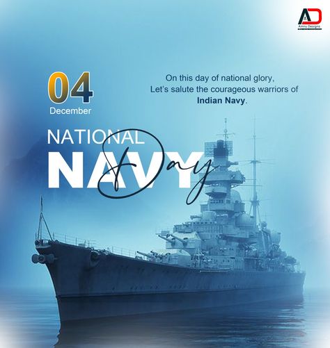 Indian Navy Day poster. Navy Day Poster, Indian Navy Ships, Indian Navy Day, Navy Inspiration, Aviation College, Air Hostess Training, Army Recruitment, Indian Defence, Photoshop Tutorial Typography