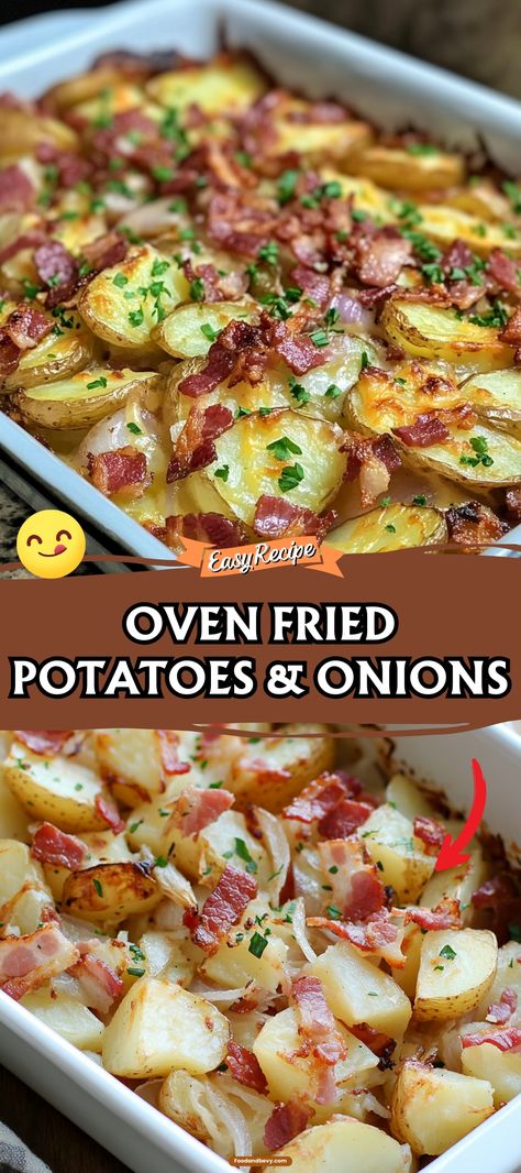 Enjoy the simple pleasures of Oven Fried Potatoes & Onions, a rustic dish where thinly sliced potatoes and onions are seasoned and baked until golden and crispy. This side dish is a perfect complement to any meal, offering the comfort of home-cooked potatoes with a deliciously satisfying crunch. Onions And Potatoes Recipes, Oven Fried Potatoes And Onions Recipe, Baked Potatoes With Onions, Oven Potatoes And Onions, Potato And Onion Bake, Fried Potatoes In Oven, French Onion Baked Potato, Oven Fried Potatoes And Onions, Potatoes And Onions Skillet