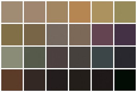 Farrow & Ball Paint: Mid-tone Neutral Colors and Darks    		Top row, left to right: London Stone, Dead Salmon, Buff, Sand, Biscuit, Green Stone. 2nd row: Drab, Dauphin, London Clay, Mouse's Back, Brinjal, Pelt. 3rd row: Pigeon, Green Smoke, Tanner's Brown, Down Pipe, Monkey Puzzle, Hague  Blue. 4th row: Wainscot, Mahogany, Railings, Off-Black, Black Blue, Pitch Black. House Paint Color Combination, Color Combinations Paint, Exterior House Paint Color Combinations, Pintura Exterior, Farrow And Ball Paint, Good Color Combinations, Exterior Paint Colors For House, Nature Color Palette, Muted Color Palette