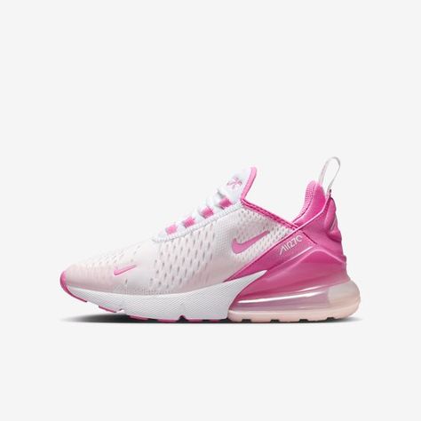 Big adventures call for big Air! Step into the Nike Air Max 270 and enjoy cushy comfort you can see and feel. An extra-large Air unit in the heel provides cushioning and a dramatic style statement while the sock-like fit of the stretchy inner sleeve helps your foot feel secure as you step out to play. Pink 270 Nike, Pink Nike Shoes Women, Womens Nike Air Max 270, Nike Air Max Pink, Pink Nike Shoes, 270 Nike, Preppy Shoes, Pretty Shoes Sneakers, All Nike Shoes