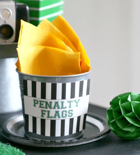 Display your napkins in a "Penalty Flags" container for a cute football-themed touch. Get more football or game-day party ideas now at minteventdesign.com! Football Baby Shower, Football Theme Party, Cowboy Baby Shower, Baby Shower Theme Decorations, Football Birthday Party, Real Star, Baseball Birthday Party, Football Theme, Game Day Snacks