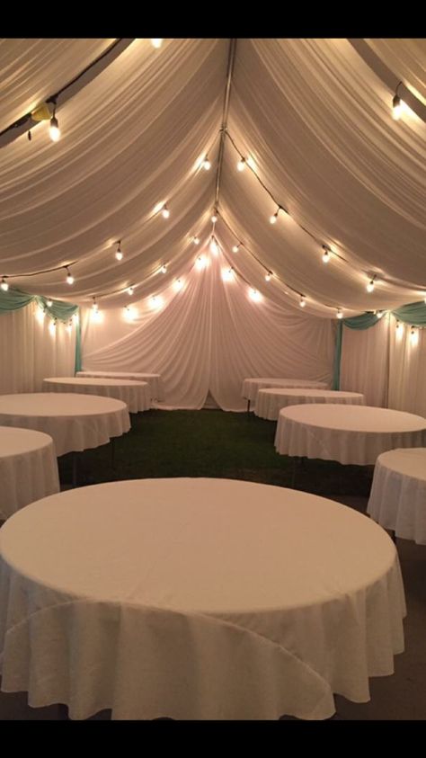 Drapes For Party Tent, Quince Decorations Ideas Outdoor, Outside Tent Birthday Party Ideas, Party Tent Decorations Diy, Party Tent Draping Ideas, Quince Tent Decor, Decorating Inside A Party Tent, Canopy Party Decorations Tent, Decorating A Tent For A Wedding