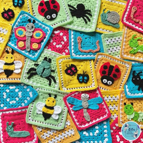 Beetle Granny Square, Insect Granny Square, Bug Granny Square, Crochet Bugs And Insects, Bug Crochet, Bright Blanket, Cottagecore Crochet, Crochet Wear, Crocheted Blankets