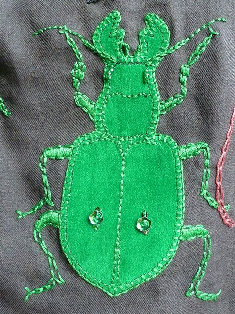 Cicindela campestr-ish... velvet applique with embroidery by Naomi Guppy, Gnommi via Flickr. Tee Shirts Diy, Velvet Applique, Altered Clothes, Patchwork Tee, Bug Art, Altering Clothes, Blanket Stitch, Straight Stitch, Back Stitch