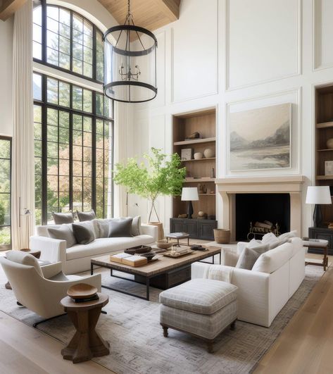 Tall Ceiling Living Room, Large Living Room Layout, Formal Living Room Designs, Vaulted Ceiling Living Room, High Ceiling Living Room, Classic Living Room, Transitional Living, Living Room Ceiling, Transitional Living Rooms