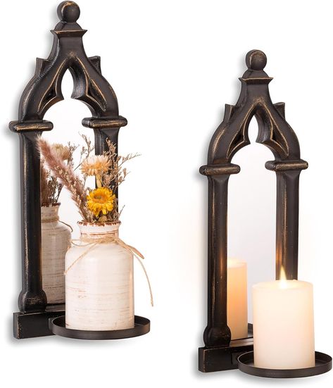 Sconces Black, Gothic Candle Holder, Mirror Farmhouse, Gothic Candles, Black Wall Decor, Wood Candle Holder, Farmhouse Candles, Wood Candle, Wall Candle Holders