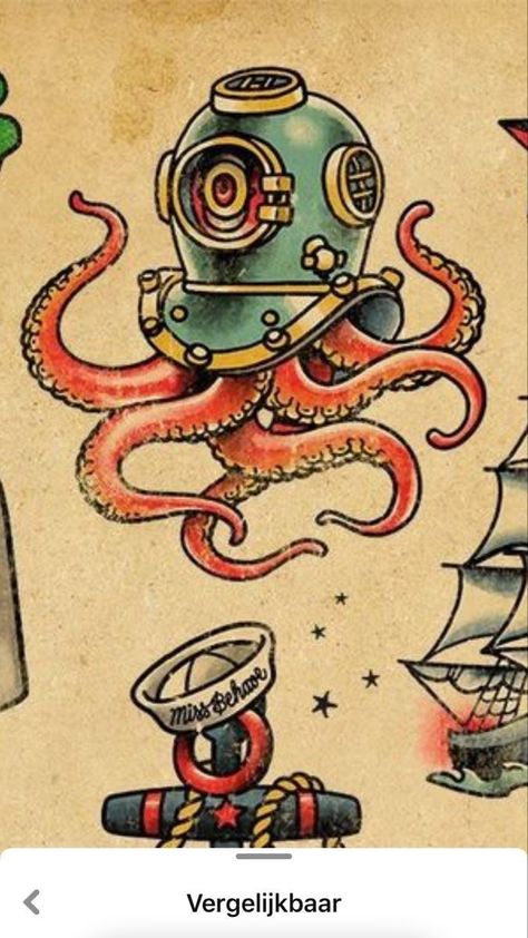 Nautical Neo Traditional Tattoo, Old School Jellyfish Tattoo, Kraken Traditional Tattoo, Old School Tattoo Octopus, Traditional Tattoos Nautical, American Traditional Ocean Theme Tattoo, Trad Octopus Tattoo, Old School Sea Tattoo, Old School Diver Tattoo