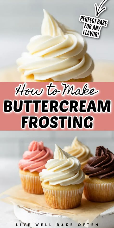 Create the best homemade buttercream frosting with this easy recipe from Live Well Bake Often! Whip up a lusciously smooth dessert to spread on cakes and cupcakes. The perfect blend of vanilla gives it a heavenly flavor. It is a great base for all your sweet creations. Try this recipe today! Buttercream Frosting Recipe Easy, Cupcake Icing Recipe, The Best Buttercream Frosting, Buttercream Recipes, Buttercream Icing Recipe, Easy Buttercream Frosting, Best Buttercream Frosting, Homemade Buttercream Frosting, Best Buttercream