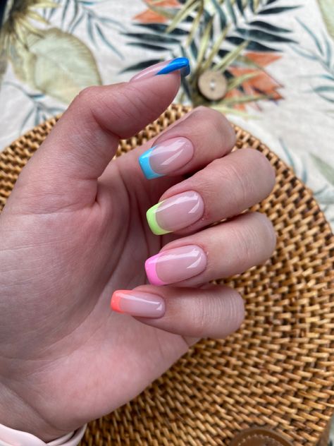 Rainbow Nail Tips Acrylic, Rainbow Nail French Tips, Nails French Rainbow, Gel Nails Neon Tips, Pastel Nail Tips Square, Multicolor French Tip Nails Square, Rainbow French Nails Tips, Short Rainbow French Nails, Multicolored Tips Nails