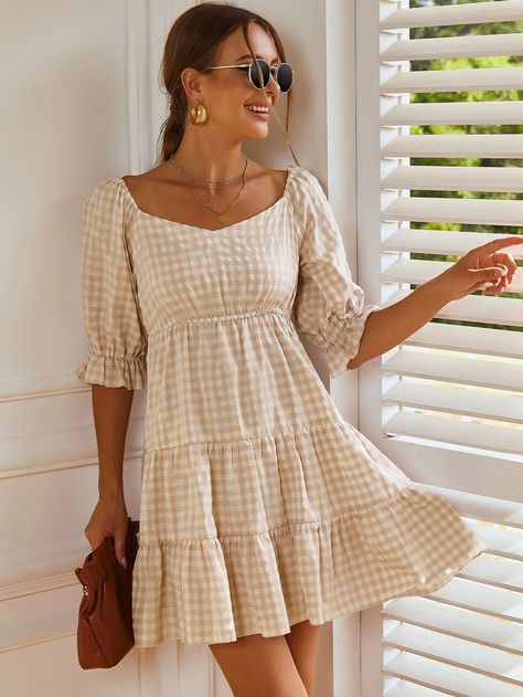 Dresses To Wear With Cowboy Boots, Vestido Shein, Dresses With Cowboy Boots, Shein Brasil, Midi Dress Style, Shein Dress, Ruffle Hem Dress, Casual Clothes, Gingham Print