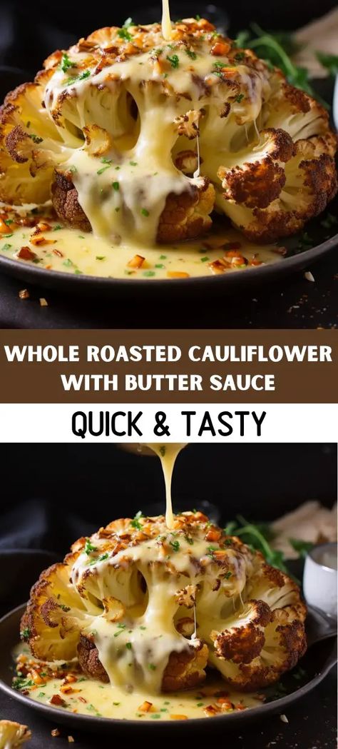 Whole Roasted Cauliflower With Butter Sauce Roasted Cauliflower Head, Roasted Cauliflower Recipe, Low Carb Side, Oven Roasted Cauliflower, Cauliflower Sauce, Roasted Cauliflower Recipes, Vegetarian Main Course, Cauliflower Dishes, Whole Roasted Cauliflower