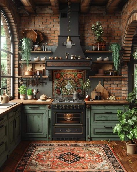 Dapur Rustic, Model Dapur, Interior Dapur, Cottage Kitchens, Green Cabinets, Hus Inspiration, Dream House Interior, Cottage Kitchen, Green Kitchen