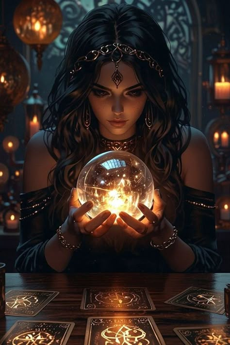 Ascended Masters Oracle Cards, Witch Crystal Ball, Long Hair Brown, Straight Long Hair, Mystic Girls, Dark Table, Magical Crystal, Magical Women, Life Jewelry