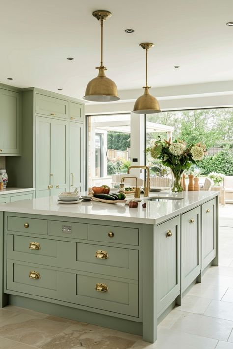 Sage green adds a soft, stylish touch to both traditional and modern kitchens. Click here for more ideas. Kitchen With Green Cabinets, Open Plan Kitchen Dining Living, Sage Green Kitchen, Transitional Decor Living Room, Green Kitchen Cabinets, Transitional Decor Kitchen, Kitchen Dining Living, Green Cabinets, House Design Kitchen