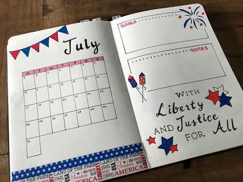 July monthly layout for bullet journal. Did it in red, white and blue to honor Independence Day. Happy 4th of July everyone. Enjoy the fireworks! Liberty and Justice for all. #bujo #fourthofjuly #redwhiteandblue. 4th Of July Journal Ideas, 4th Of July Bullet Journal, July Bullet Journal Calendar, Bullet Journal Monthly Spread Ideas, Monthly Spread Ideas, July Bullet Journal, Bullet Journal Monthly, Monthly Layout, Bullet Journal Monthly Spread