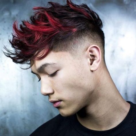 67 Hair Highlights Ideas, Highlight Types, and Products Explained [2019] Hair Styles Male, Red Hair Styles, Black And Red Hair, Red Hair With Highlights, Hairstyles Anime, Red Hair Men, Black Red Hair, Faux Hawk Hairstyles, Mens Hair Colour