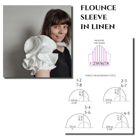 Here's a flounce sleeve from my latest tutorial. 😊 I made it in stiff linen and each flounce consists of two layers of fabric so they hold the shape pretty nicely. The flounces are high-low full circles that I cut on the fold. The calculation for the radius is the same as the one you use for circle skirts. The target measurement is the seam length where the flounce will be inserted. I divided the sleeve into 8 sections and there are a total of 7 flounces. The easiest way to finish the hem ... Pattern Making Tutorial, Circle Skirts, The Fold, Diy Sewing Clothes, Flounce Sleeve, I Made It, Circle Skirt, Sewing Clothes, Pattern Making