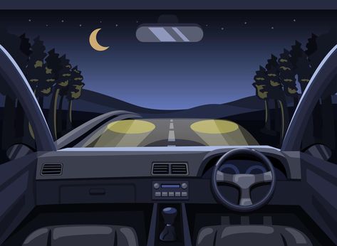 Car Driving Aesthetic, Driving Aesthetic, Cartoon Car Drawing, Forest At Night, Dashboard Car, Night Illustration, Forest Illustration, Night Forest, Car Driving