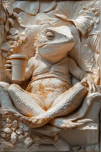 ↑↑↑ Larger size on website 🔸 The image shows a white ceramic sculpture of a lizard. The lizard is sitting in a relaxed pose with Ceramic Lizard, Frilled Neck Lizard, Relaxed Pose, Holding A Cup Of Coffee, Holding Coffee, The Lizard, Eyes Closed, Ceramic Sculpture, White Ceramics