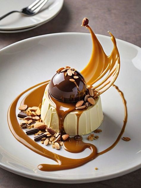 Gourmet Desserts Presentation, Fancy Desserts Presentation, Food Plating Design, Mascarpone Ice Cream, Chocolate Mousse Desserts, Dessert Restaurant, Almond Brittle, Creative Dessert Recipes, Fine Dining Desserts