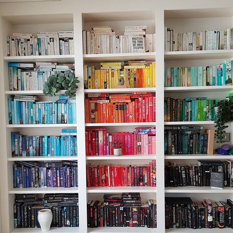 Bookshelf Colour Coded, Bookshelves Color Coded, Color Coded Books, Bookshelves Color Ideas, Colour Coded Bookshelf, Color Coordinated Bookshelf, Color Coded Bookshelf, Colorful Bookshelves, Decorate Bookshelves