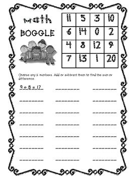 Here's a page for playing a Math Boggle game using both addition and subtraction. Could use for multiplication and division Boggle Worksheet Free, Math Boggle, Boggle Game, Relief Teaching Ideas, Science Experience, Daily 5 Math, Math Station, Subtraction Games, Daily 3