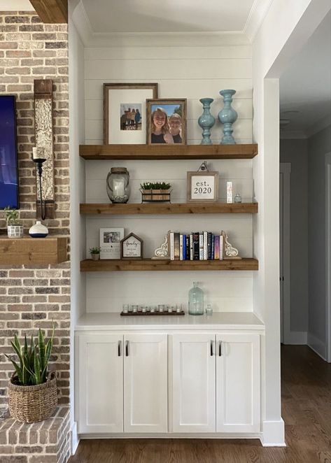 Living Room Shelves Decor Around Tv, Shelfs On Side Of Fireplace, Wall Cubby Decor Built Ins, Brick Fireplace With Built Ins On Both Sides, Fireplace With Shelves On One Side, Rustic Built In Shelves, Built In Shelving Around Fireplace, Shelves On Side Of Fireplace, Living Room Built Ins Decor