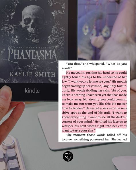 A person holding a Kindle featuring the cover of Phantasma by Kaylie Smith, a dark paranormal romance with gothic and spooky vibes. The background shows a desk with crystals and decor, setting a cozy atmosphere. Phantasma Kaylie Smith, Ghost Romance, Find Real Love, Paranormal Books, Book Prompts, Reading Romance, Moving To California, Faith In Love, Paranormal Romance