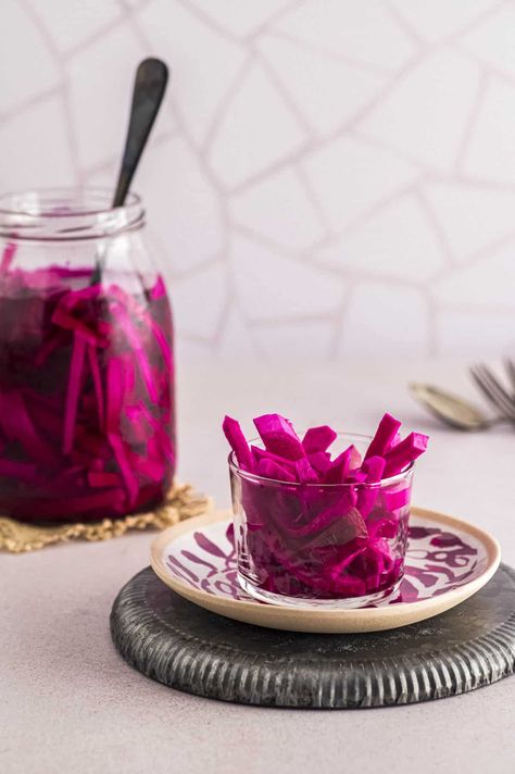 Pickled turnips are tangy and deliciously savory. The pink color of this Middle Eastern staple, comes from beets, no artificial colors here! Turnips Recipe, Dukkah Recipe, Pickled Turnips, Falafel Sandwich, Moroccan Cooking, In A Pickle, Pickled Beets, Preserved Lemons, Turnips