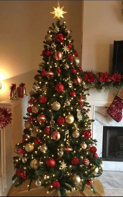 Elegant Christmas Tree Decorations, Christmas Tree Inspo, Red Gold Christmas, Red And Gold Christmas Tree, Gold Christmas Tree Decorations, Classroom Christmas, Christmas Tree Decorating Themes, Elegant Christmas Trees, Creative Christmas Trees