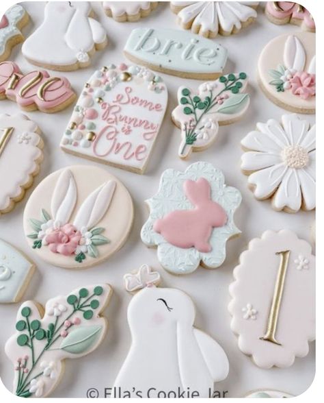 Easter Birthday Cookies, Hop Two It Birthday, Some Bunny Is Turning One Cookies, Bunny Baby Shower Cookies, Bunny Sugar Cookies Decorated, Bunny Birthday Cookies, Some Bunny Is Turning One Decorations, Some Bunny Is One Cookies, Rabbit Sugar Cookies