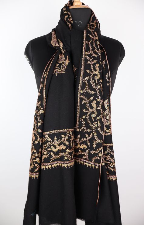 Luxury Gold Traditional Pashmina Shawl, Black Bohemian Pashmina Dupatta, Black Pashmina Shawl With Motifs, Black Intricate Embroidery Pashmina Shawl, Black Embroidered Pashmina Shawl, Black Pashmina, Pashmina Shawl, Perfect Gift For Her, Shawls And Wraps