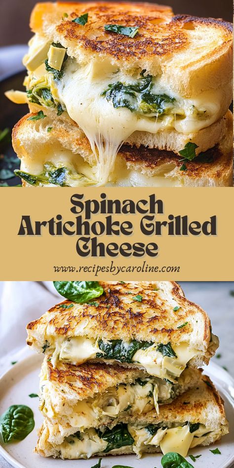 Indulge in gooey, melty goodness with this Spinach Artichoke Grilled Cheese sandwich! 🥬🧄 Creamy spinach and artichoke filling meet crispy, buttery bread for the ultimate comfort food experience. Perfect for a quick lunch, dinner, or snack—ready in just minutes! Great for vegetarians too! 🌱  #GrilledCheeseRecipe #SpinachArtichoke #ComfortFoodRecipes #EasyLunchIdeas #VegetarianMeals #CheeseLovers #QuickDinnerIdeas #MeltyGoodness 🧀💚 Sandwich With Spinach, Easy Ciabatta Sandwich Recipes, Interesting Meal Ideas, Best Dinner Sandwiches, Rosemary Bread Sandwich, Naan Bread Sandwich, Spinach Artichoke Sandwich, Gluten Free French Dip Sandwiches, Panini Sides