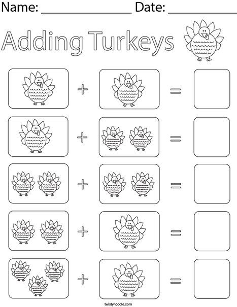 Adding Turkeys Math Worksheet - Twisty Noodle Tk Math Worksheets, Thanksgiving Math For Toddlers, Turkey Worksheets For Kindergarten, Preschool Thanksgiving Math, Thanksgiving Math Activities Preschool, Kindergarten Thanksgiving Worksheets, November Kindergarten Activities, Thanksgiving Worksheets For Kids, Math Preschool Worksheets