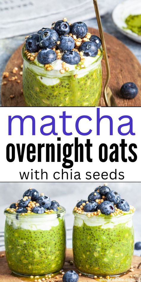 Text reads Matcha Overnight Oats With Chia Seeds Chia Seeds Overnight, Chia Seed Overnight, Chia Seed Overnight Oats, Yoga Cafe, Overnight Oats With Chia Seeds, Oats With Chia Seeds, Overnight Oats With Chia, Matcha Overnight Oats, Matcha Oats