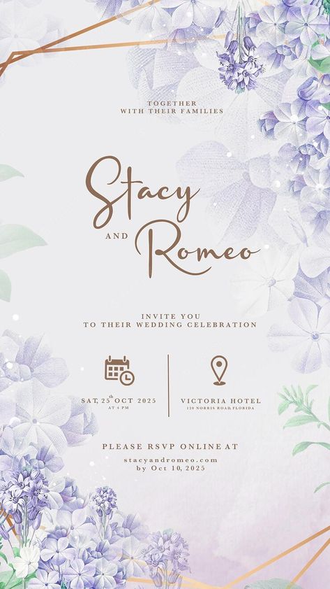 Purple Wedding Card, Dream Wedding Invitations, Wedding Invitation Posters, Digital Wedding Invitations Templates, Engagement Invitation Cards, Elegant Wedding Invitation Card, Wedding Invitation Background, Digital Invitations Wedding, Floral Cards Design